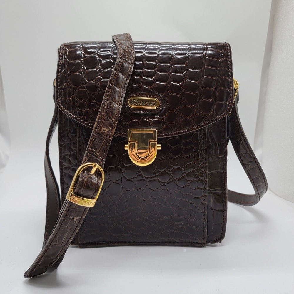 Vintage Chenson Brown Embossed Crossbody Leather Handbag Crocodile Faux Leather